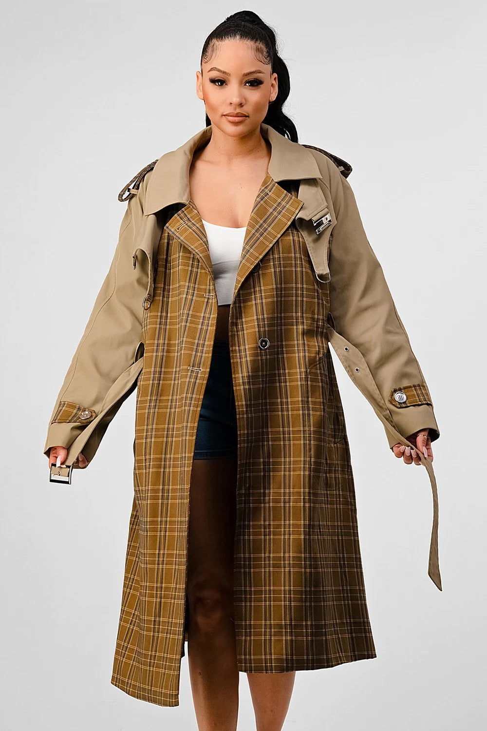 Plus size top plaid trench coat