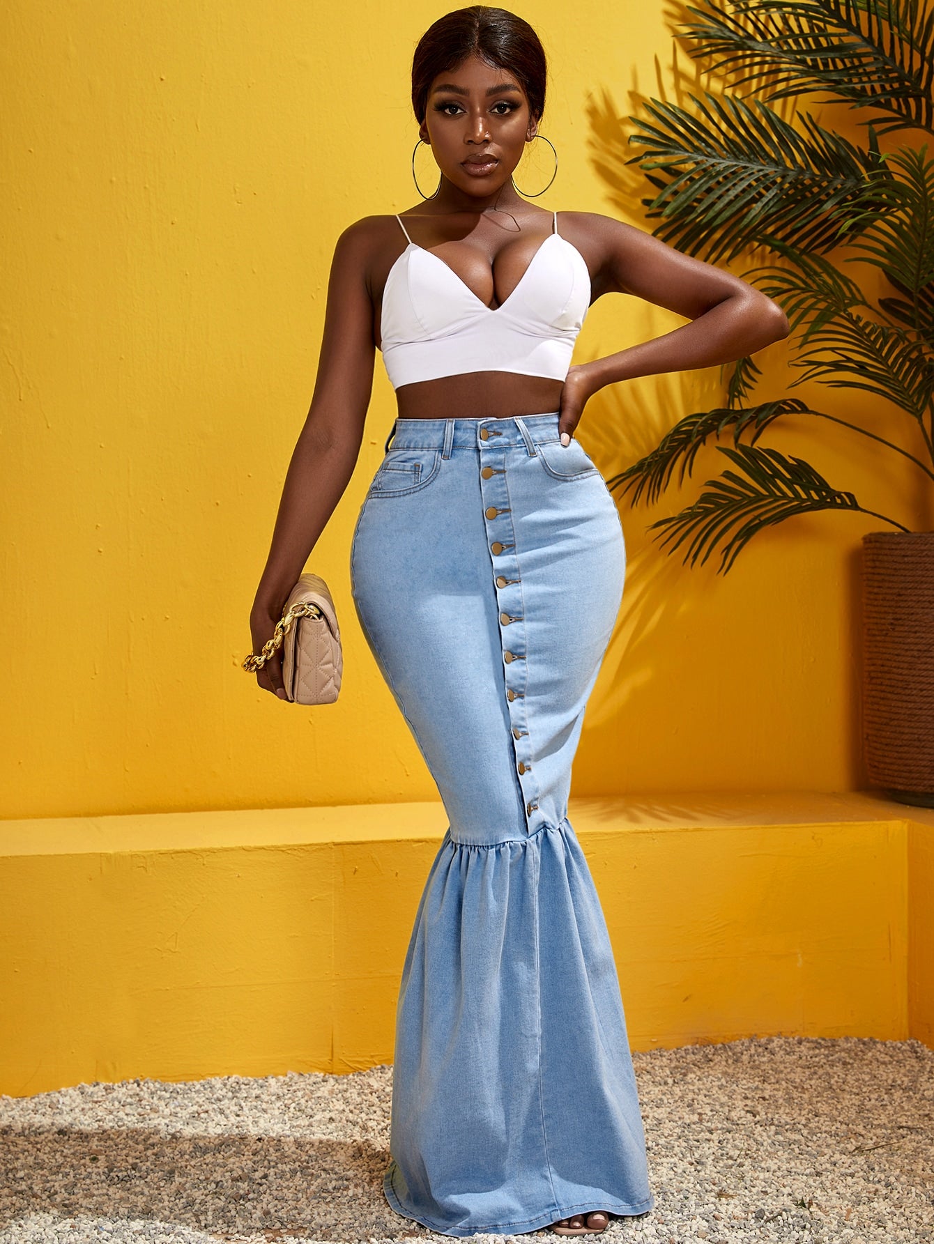 SXY High Waist Button Fly Mermaid Hem Denim Skirt
