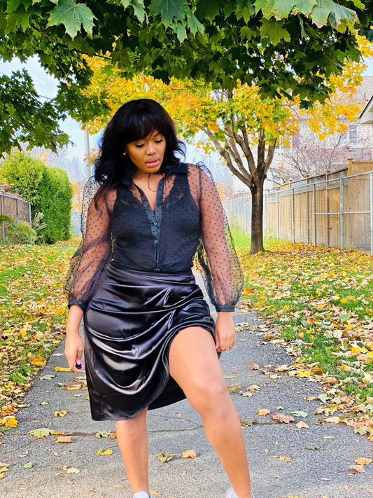 Swiss Dot Button Down PUff SLV Top - Mylittlesisterskloset