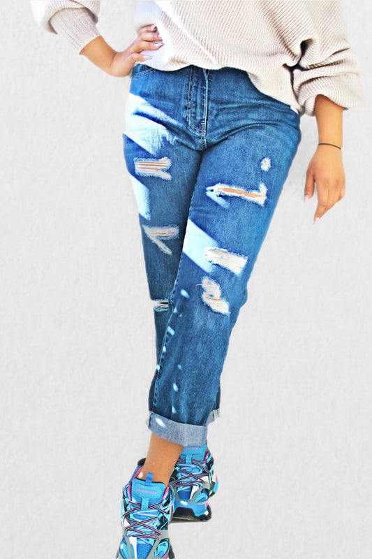 M.L.S.K Multi Rip Turn Up Hem Boyfriend Jeans - Mylittlesisterskloset