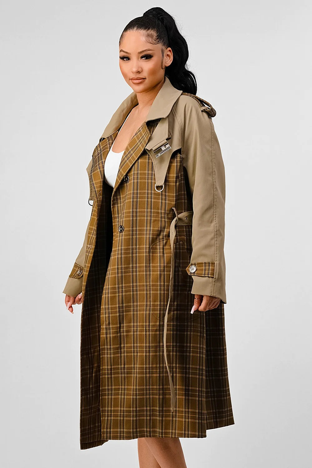 Detective Two Tone Plaid Contrast Trench Coat -KHAKI