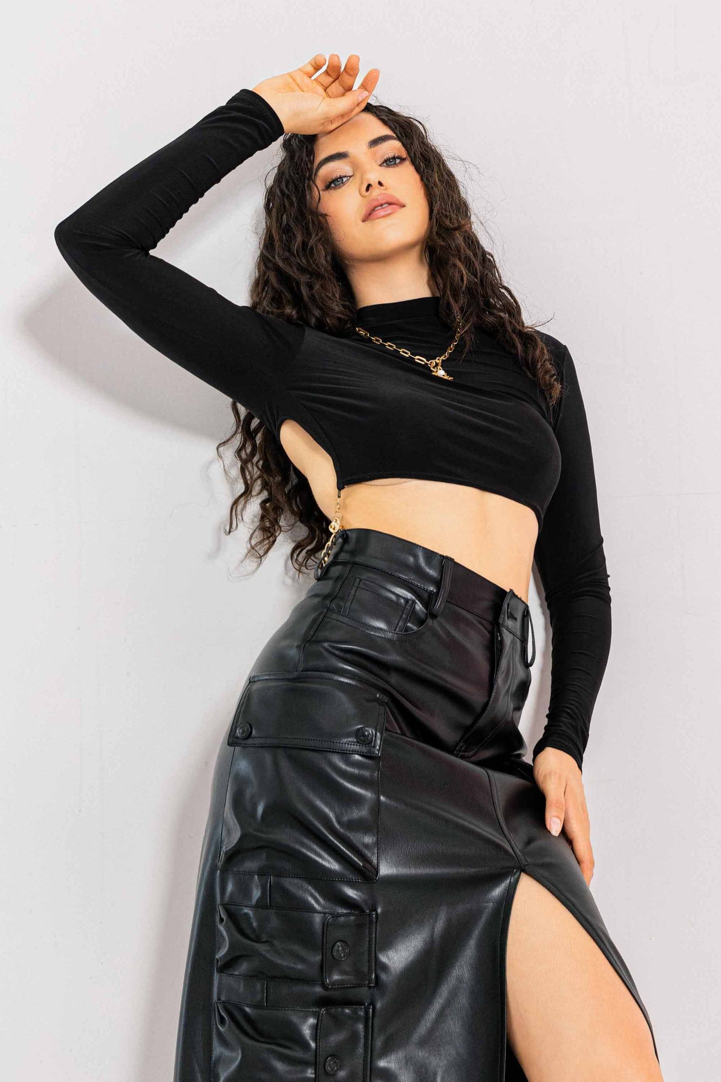 Vegan Leather Cargo Midi Skirt