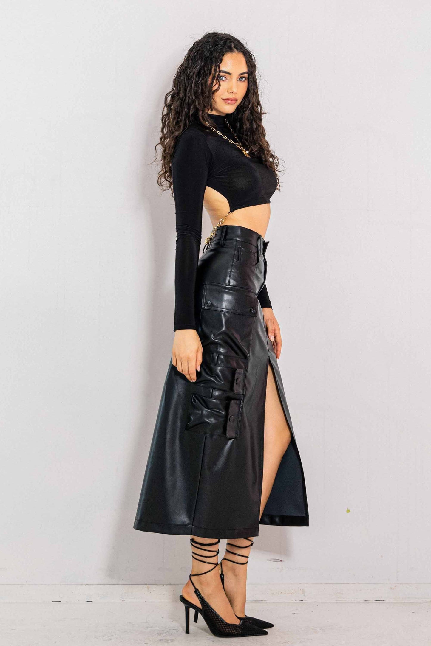 Vegan Leather Cargo Midi Skirt