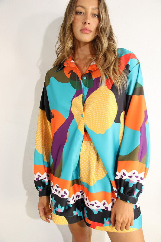 A long-sleeve button-up shirt