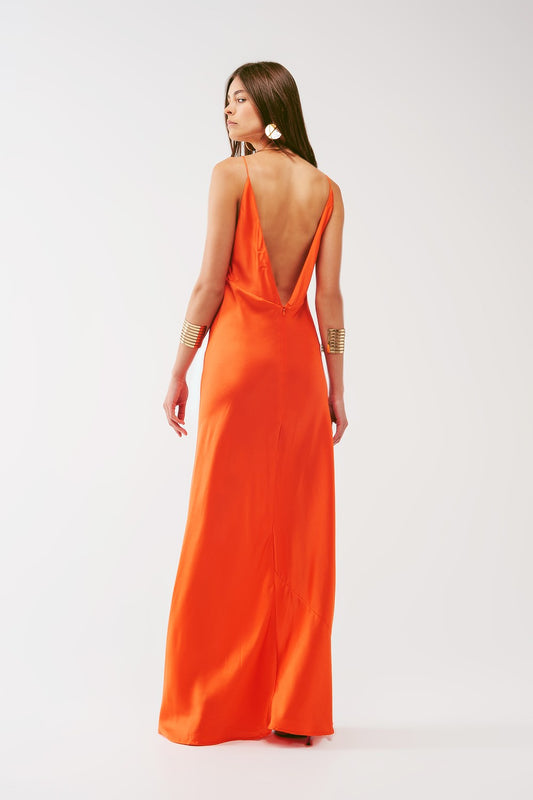 Satin Maxi Dress With Spaghetti Straps In Orange