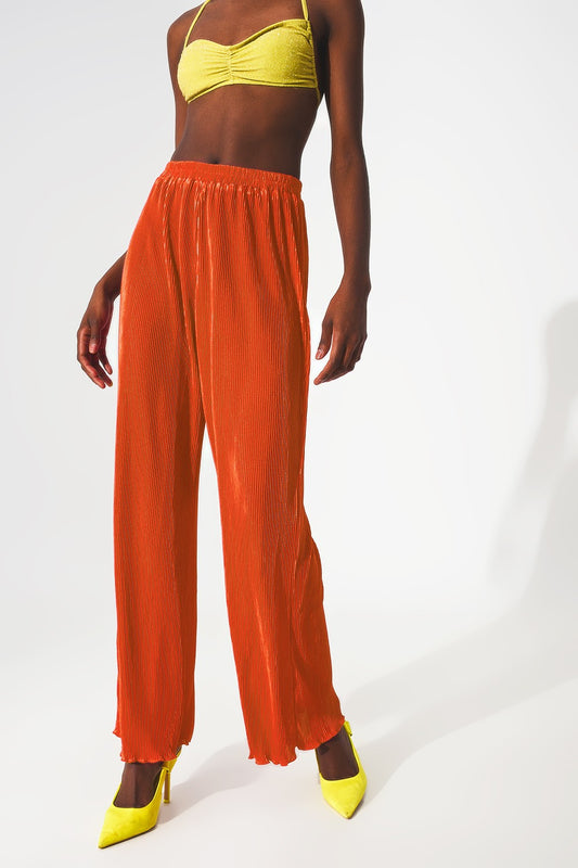 Satin pleated wide leg pants