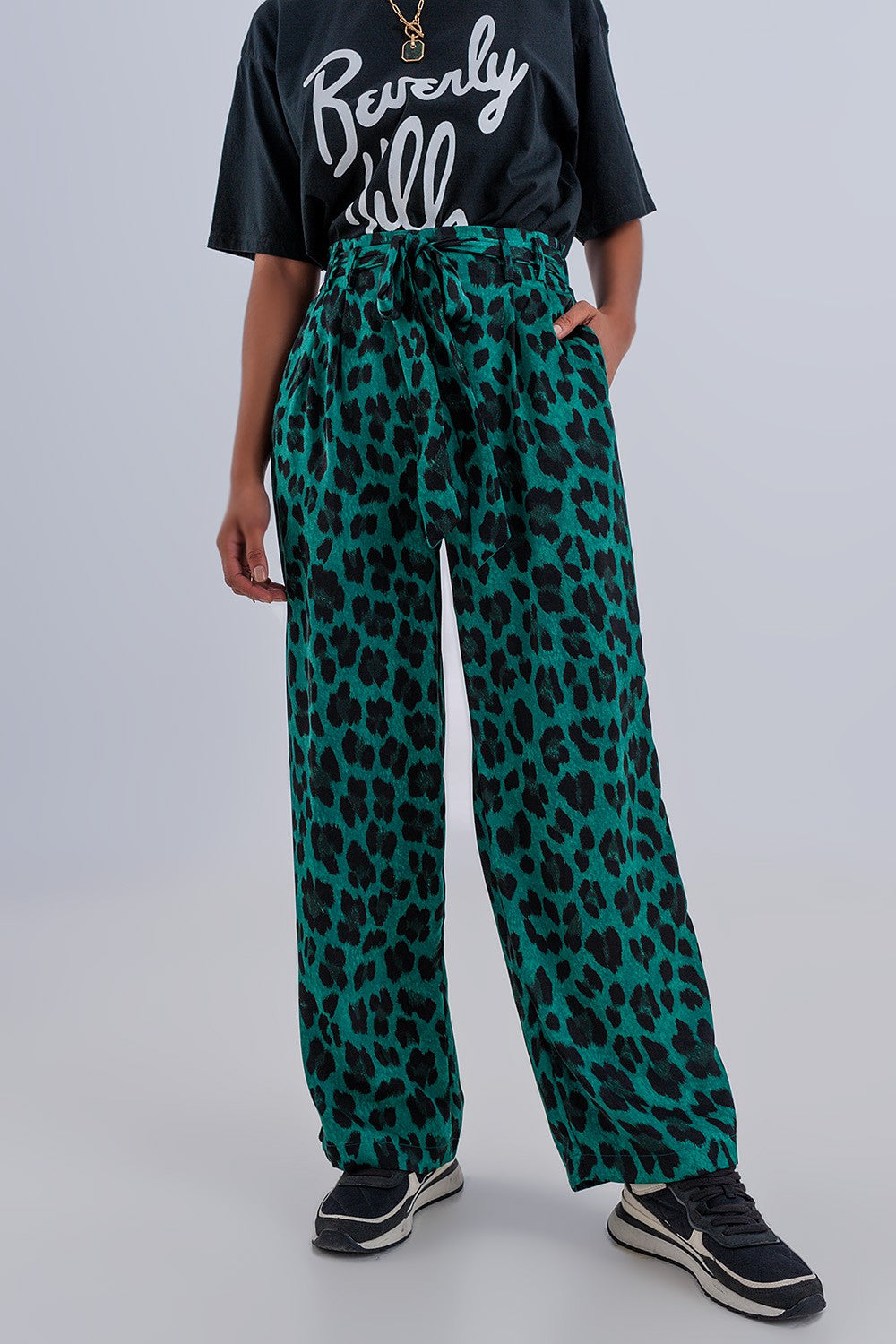 WIDE LEG PANTS IN GREEN LEOPARD PRINT