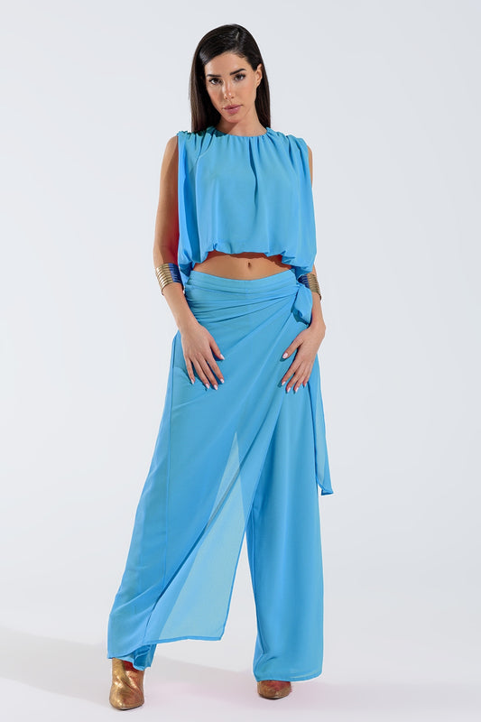 Wide Pants Overlay Skirt Tied At The Side
