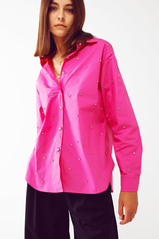 EMBELLISHED SHIRT WITH UNEVEN HEM IN FUCHSIA
