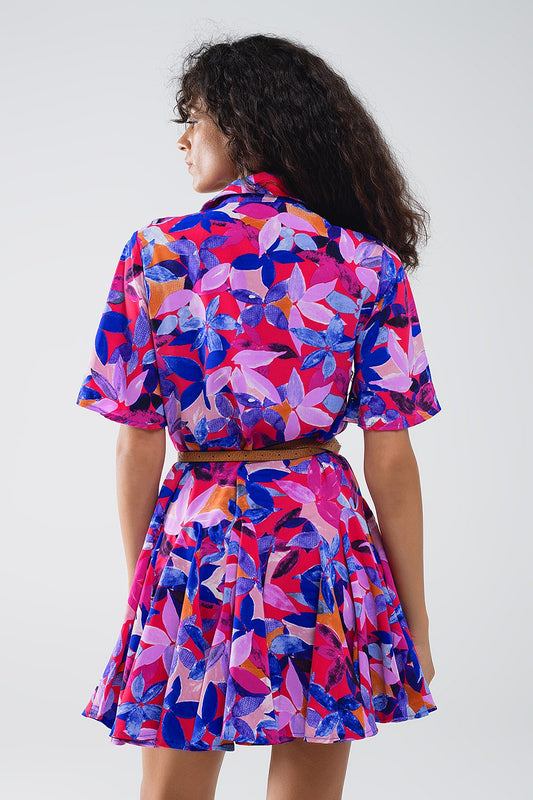 Flowy Short Shirt Dress With Abstrat Print In Fuchsia And Purple