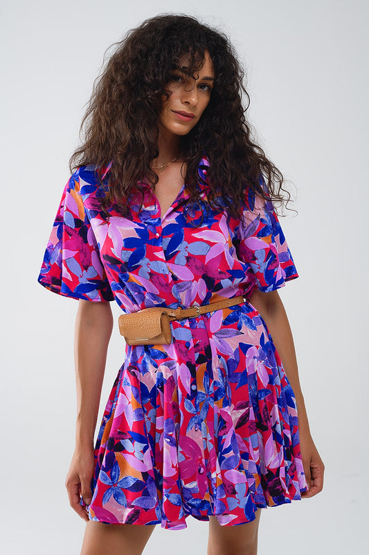 Flowy Short Shirt Dress With Abstrat Print In Fuchsia And Purple