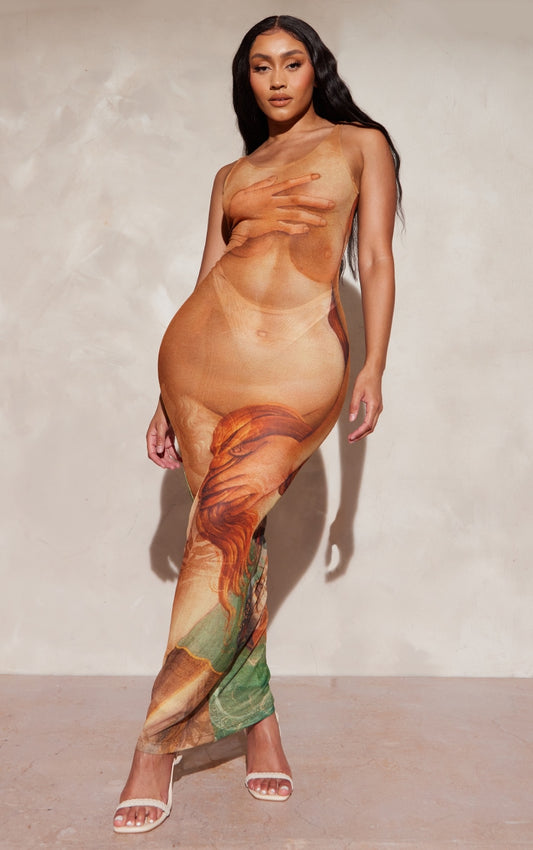 Shape Stone Body Print Mesh Maxi Dress