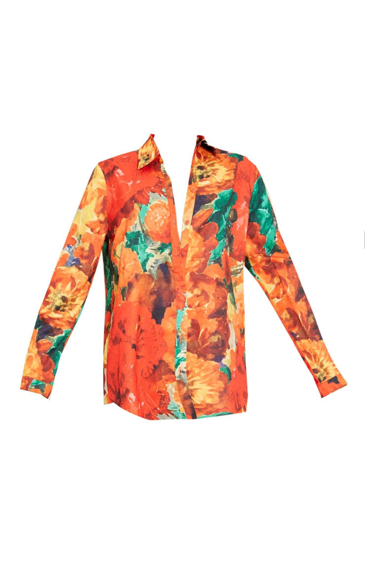 Red Floral Printed Oversized Shirt