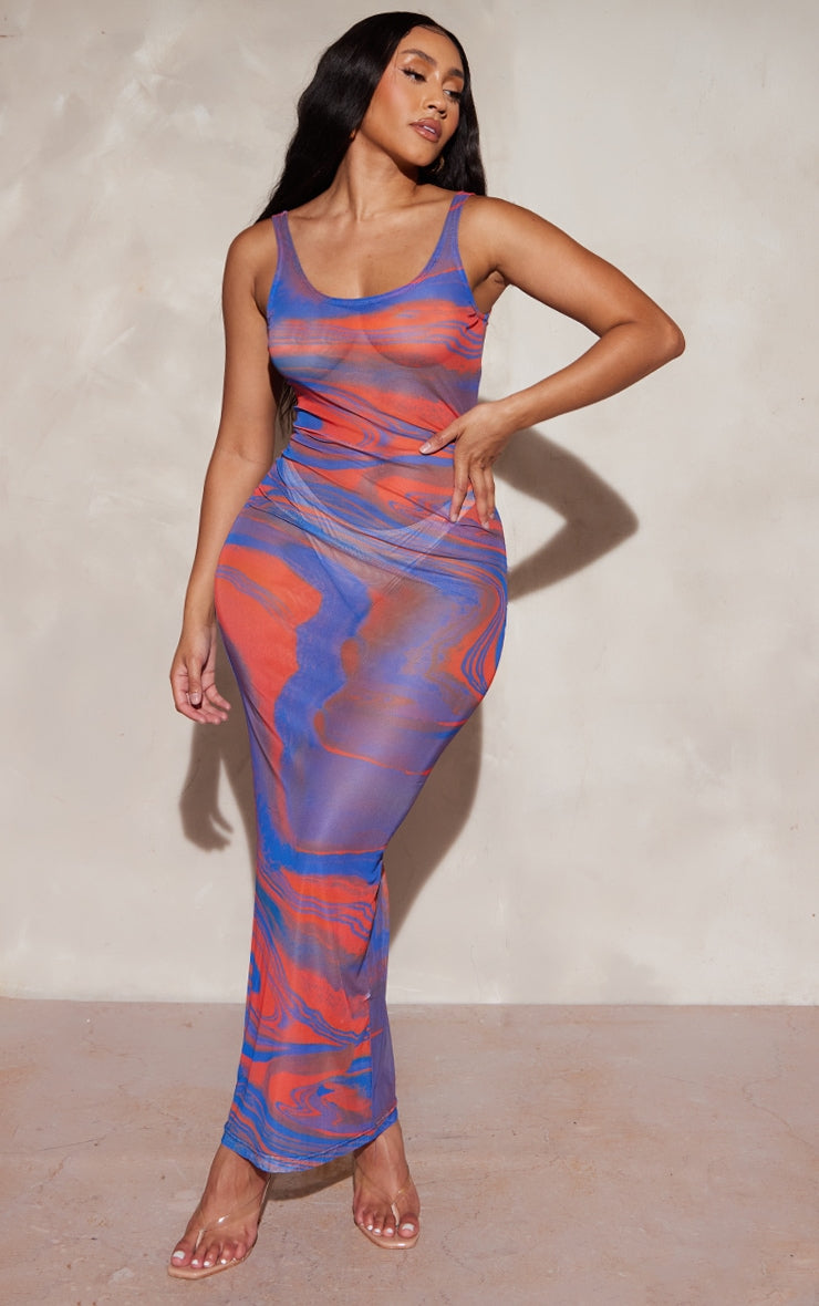 Shape Stone Body Print Mesh Maxi Dress