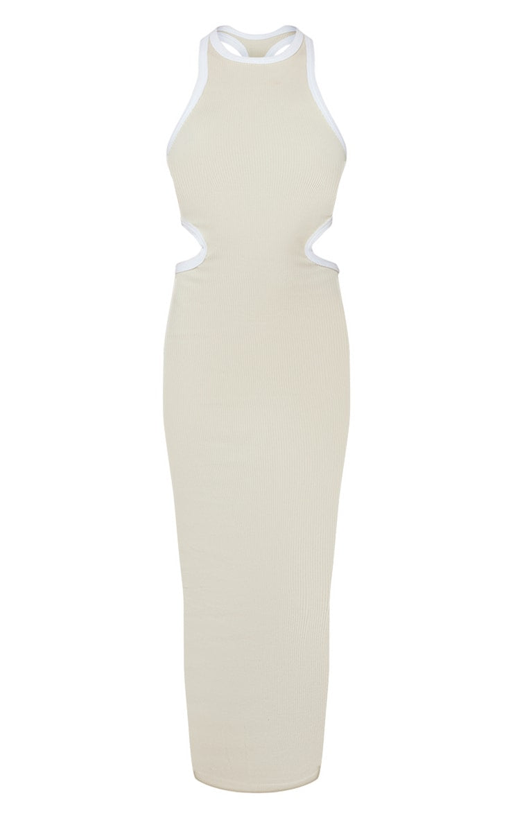 White Snatched Rib Contrast Binding Cut Out Midaxi Dress
