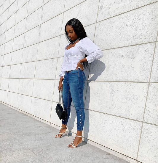 High Waist Pearl Hem Embellished Skinny Jeans