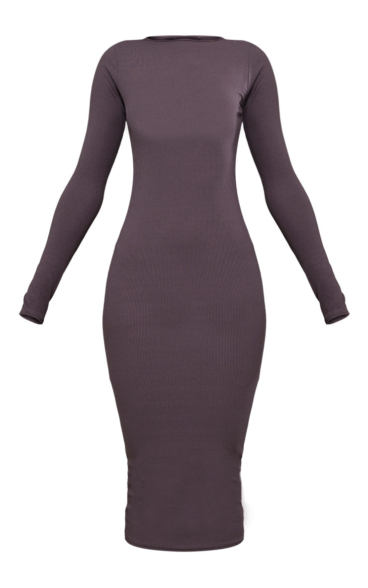 Basic Charcoal Ribbed Long Sleeve Midi Dress