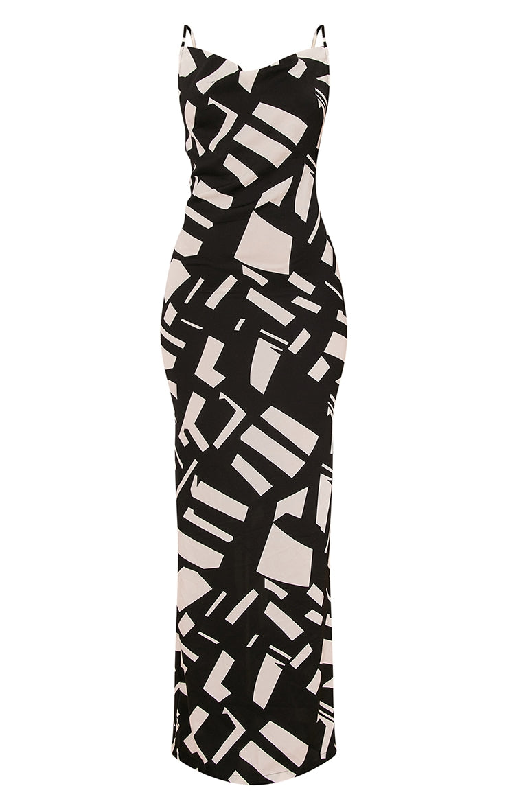 White Zebra Print Satin Cowl Neck Maxi Dress