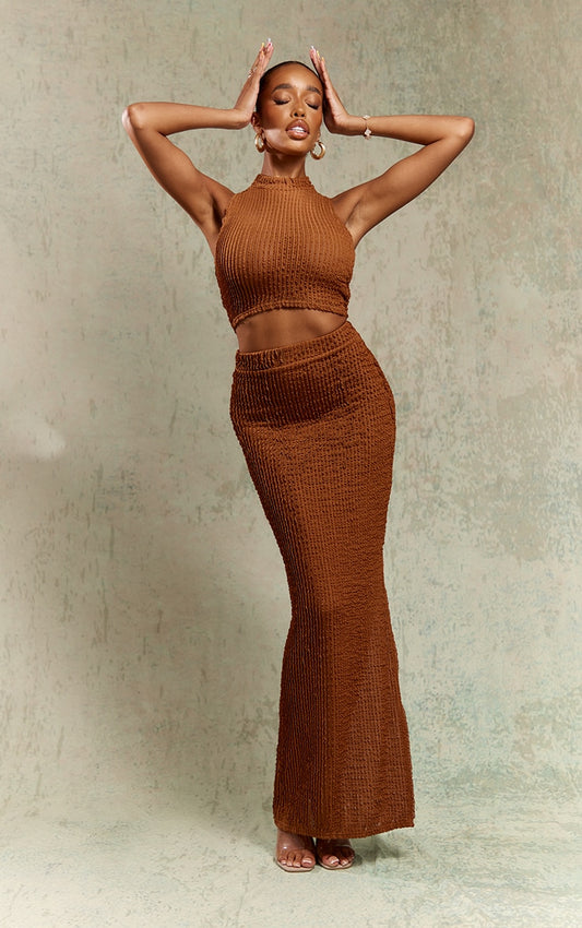 Brown Textured Distressed Rib High Waist Midaxi Skirt