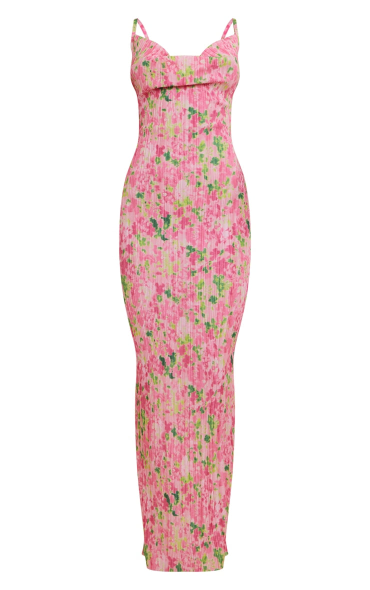 Pink Abstract Print Plisse Low Back Strappy Maxi Dress