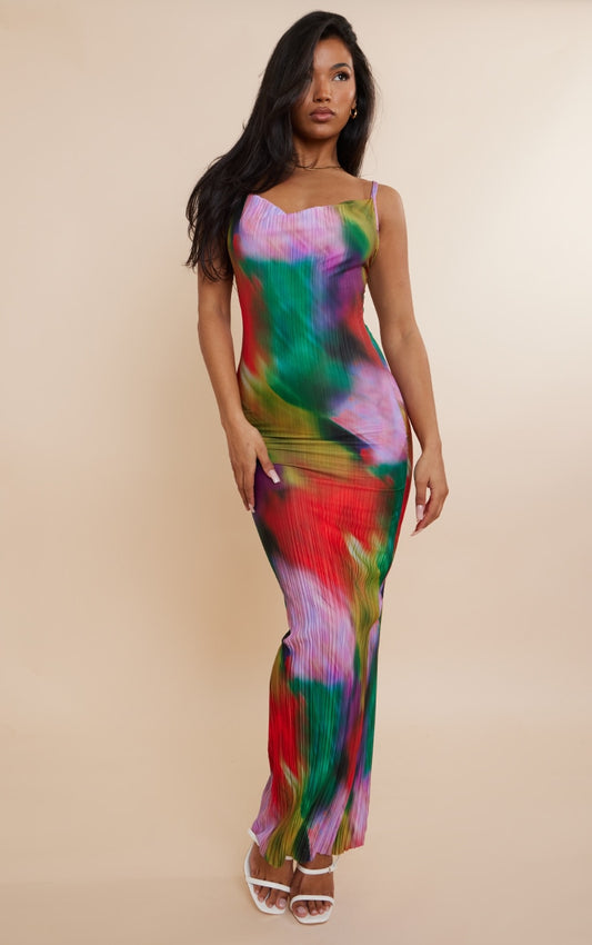 Multi Printed Plisse Strappy Maxi Dress